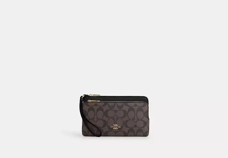 Coach Outlet Double Zip Wallet In Signature Canvas - Brown | Coach Outlet US