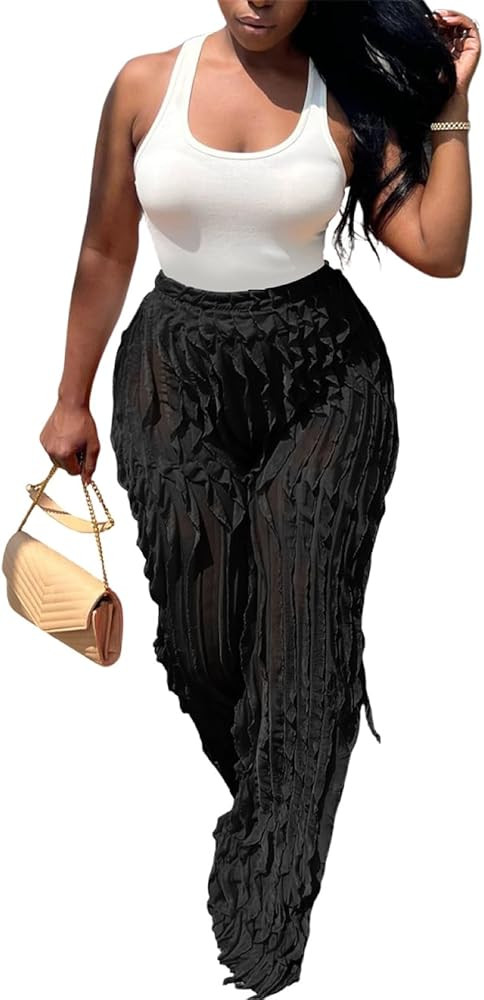 PRIVIMIX Women High Waist Sexy See Through Ruffle Wide Leg Palazzo Pants Stretchy Tassel Long She... | Amazon (US)