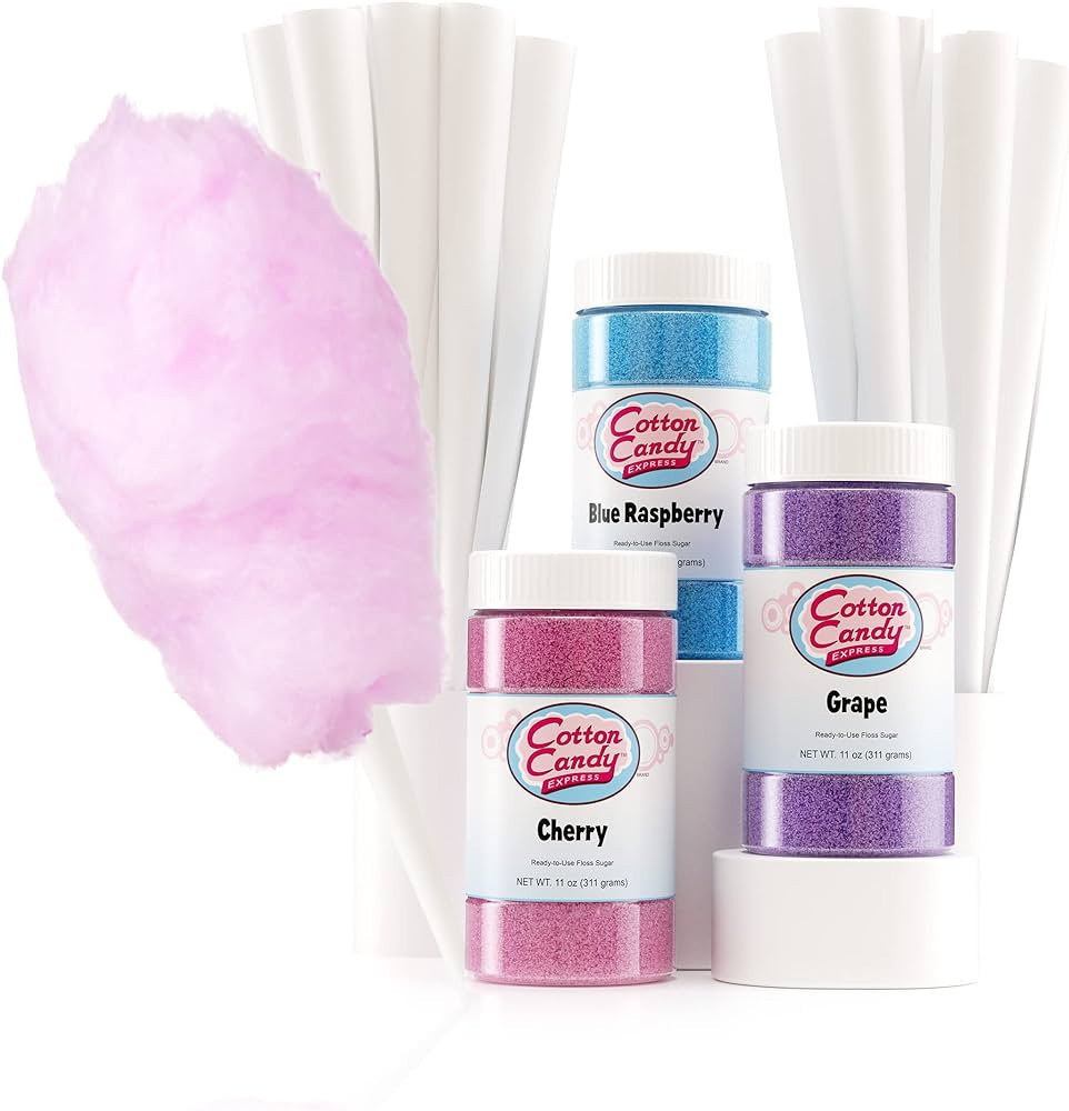 Cotton Candy Express Floss Sugar Variety Pack with 3 - 11oz Plastic Jars of Cherry, Blue Raspberr... | Amazon (US)