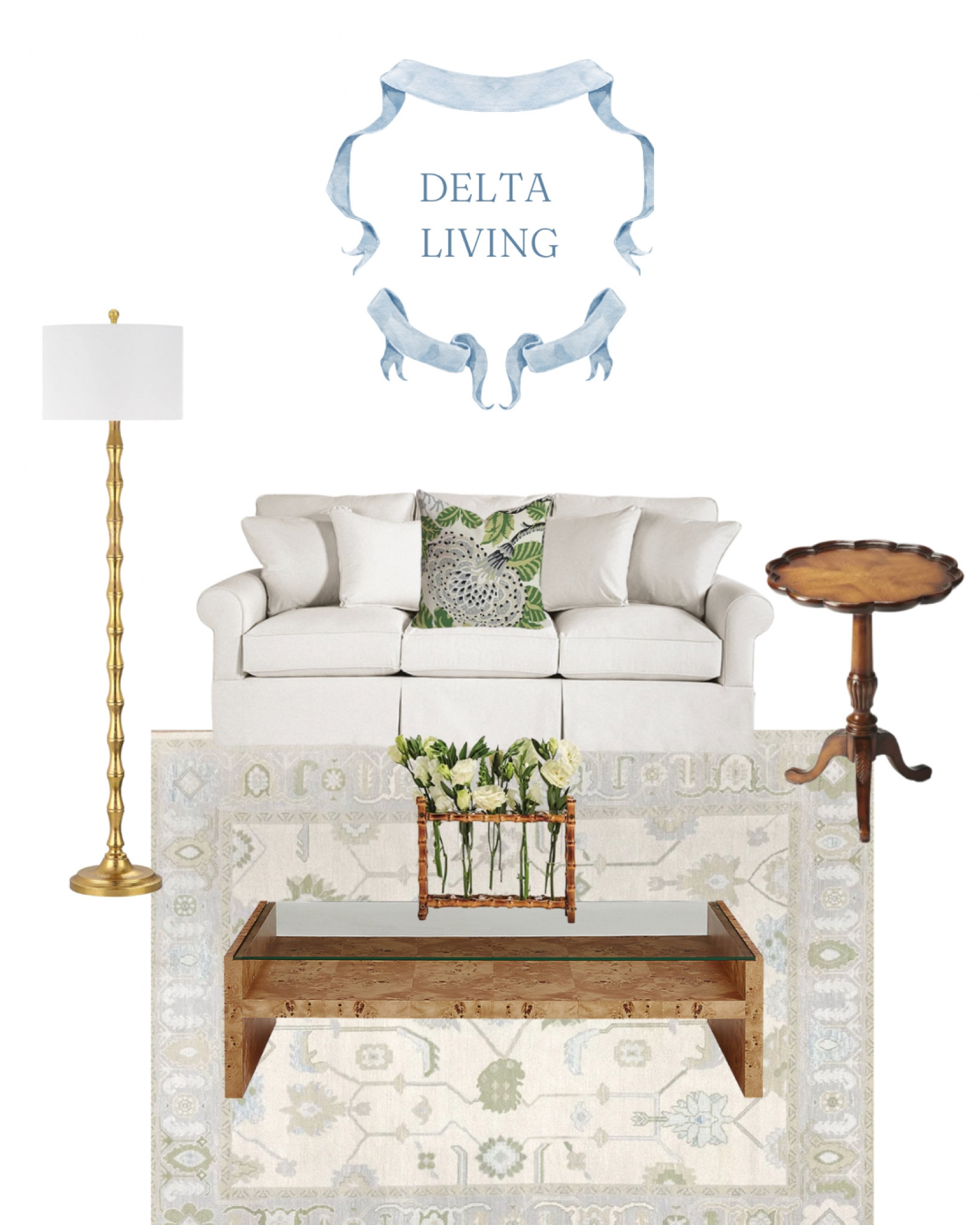 Traditional home, living room, coffee table, floor lamp, side table, white couch, throw pillow, grandmillenial 