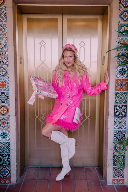 Pink blazer dress
Pink sequin dress
Holiday dress
Holiday outfit 
Holiday party dress
Sequin and feather dress 
White boots 

#LTKCyberweek #LTKHoliday #LTKGiftGuide