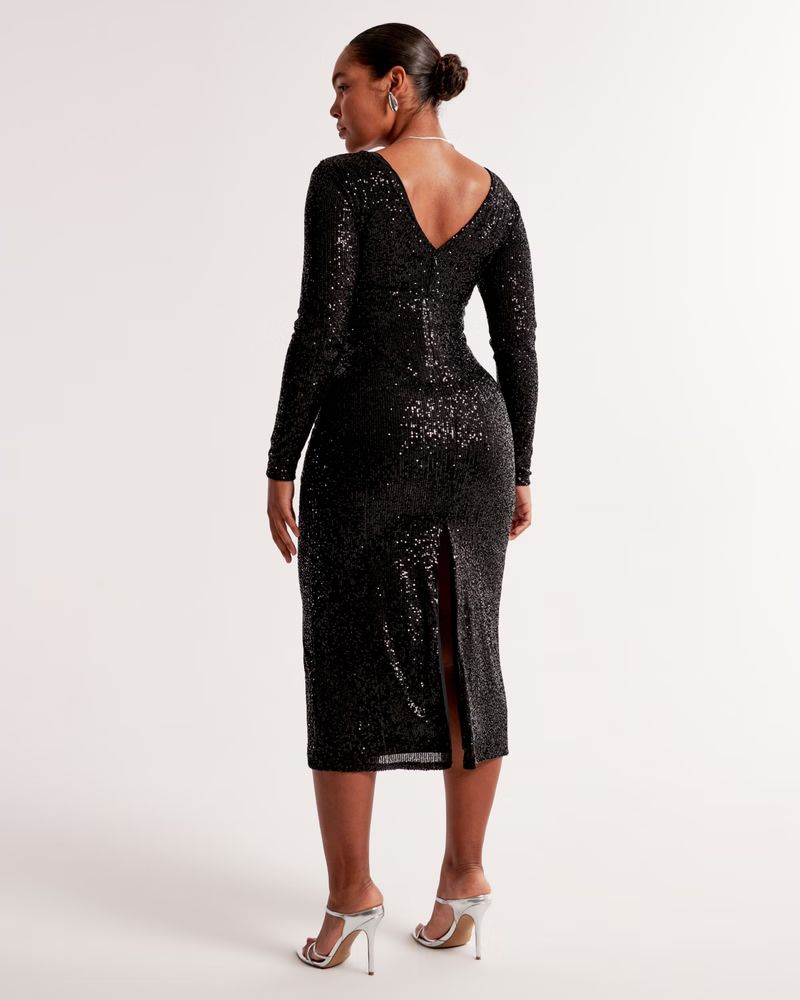 Women's Long-Sleeve Sequin Plunge Midi Dress | Women's New Arrivals | Abercrombie.com | Abercrombie & Fitch (US)