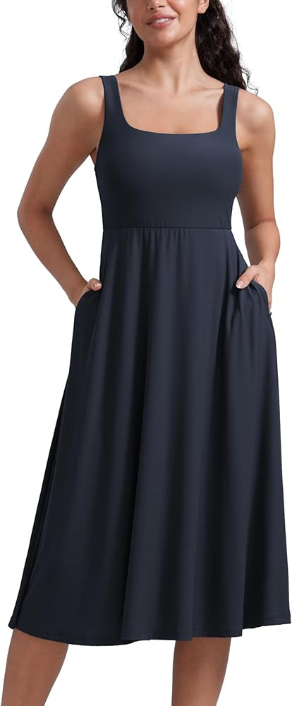 CRZ YOGA Cloudweight Double Lined Square Neck Midi Dresses for Women Casual Summer Sleeveless Out... | Amazon (US)