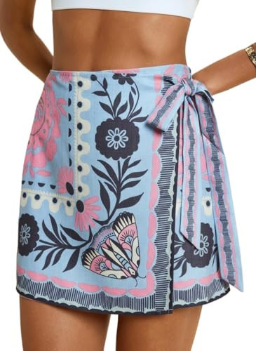 Csvinkiko Womens Wrap Mini Skirt Summer Boho Floral Tropical Print Skirts Casual High Waisted Short Beach Skirts(Blue, L) | Amazon (US)