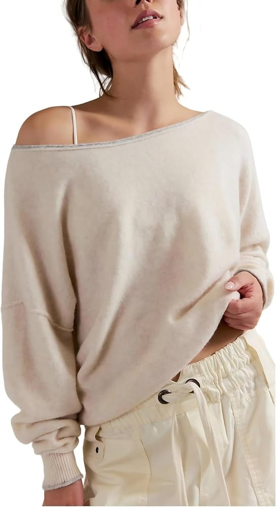 Women’s Off Shoulder Knit Sweater Casual Loose Fit Pullover Long Sleeve Soft Lightweight Fall W... | Amazon (US)
