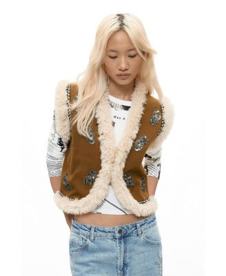 Desigual Women's Embroidered fur vest - Khaki | Macy's