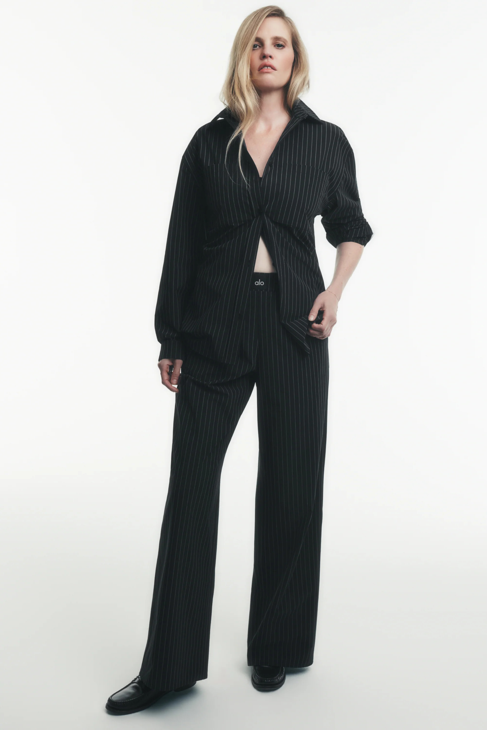 ALO | Pinstripe Daylight Boxer Pants (Regular) in Black/Titanium, Size: Large | Alo Yoga