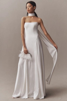 Jenny by Jenny Yoo Addilyn Strapless Neck-Scarf Drop-Waist Satin Wedding Gown | Anthropologie (US)