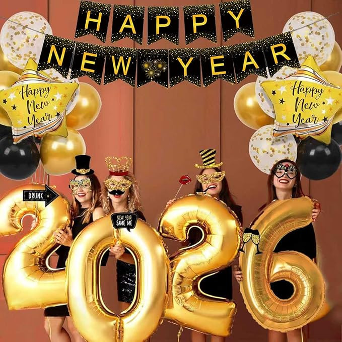 1 set of New Year banner decorations, black and gold glitter New Year pennant, suitable for festi... | Amazon (US)