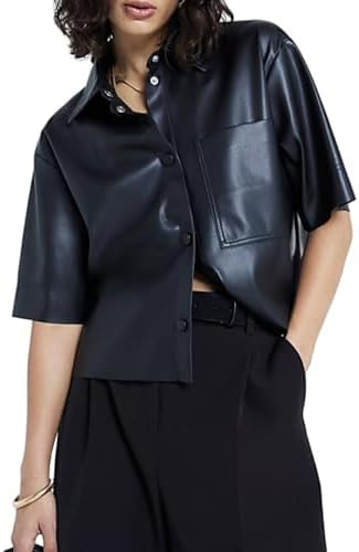 Faux Leather Shirt Women Loose Fit Short Sleeve PU Leather Button Down Crop Shirt with Pocket | Amazon (US)