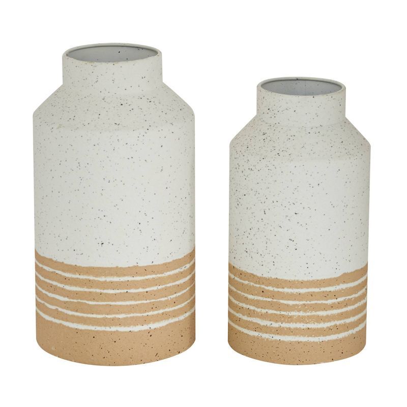 Set of 2 Round White Metal Textured Vase with Beige Striped Base - Olivia & May | Target