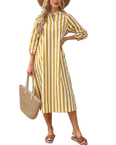 YEXPINE Women Summer Striped Button Down Long Maxi Dress Loose Fit 3/4 Sleeve Cotton Caftan Shirt Dress with Pocket(Yellow-S) | Amazon (US)