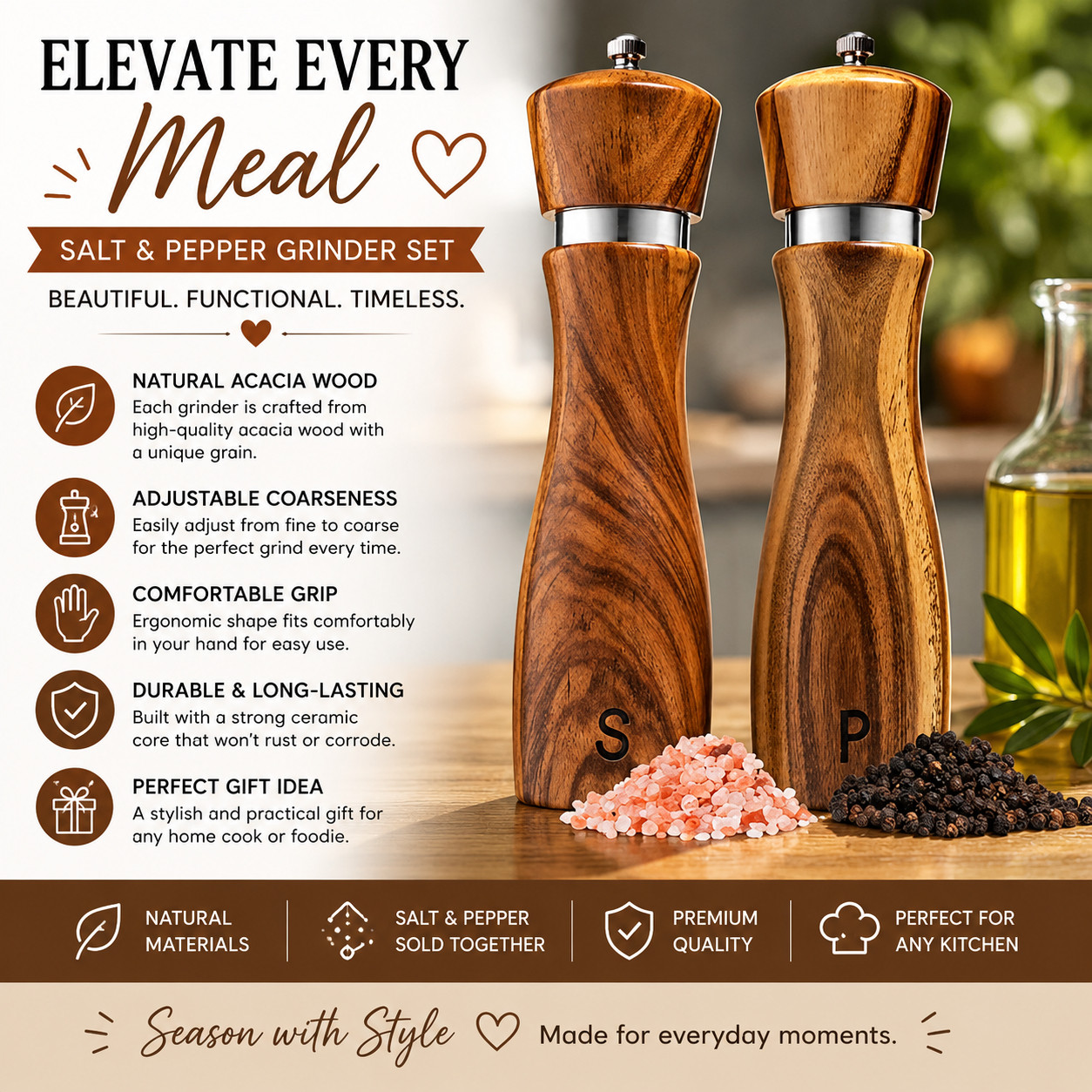 Affiliate links. I may earn a commission from purchases.

This wooden salt and pepper grinder set is such a nice upgrade for the kitchen or dining table. I love the warm acacia wood and the classic shape, and each grinder is refillable with adjustable coarseness so you can choose the grind that works best for your meal. The ceramic and stainless steel grinding cores make them a practical everyday set that also looks beautiful left out on display.

#LTKHome #KitchenFinds #KitchenEssentials #SaltAndPepperGrinders #AcaciaWood #KitchenDecor #CookingEssentials #DiningTable #HomeFinds #AmazonFinds
 

 #LTKfoodie #LTKHome