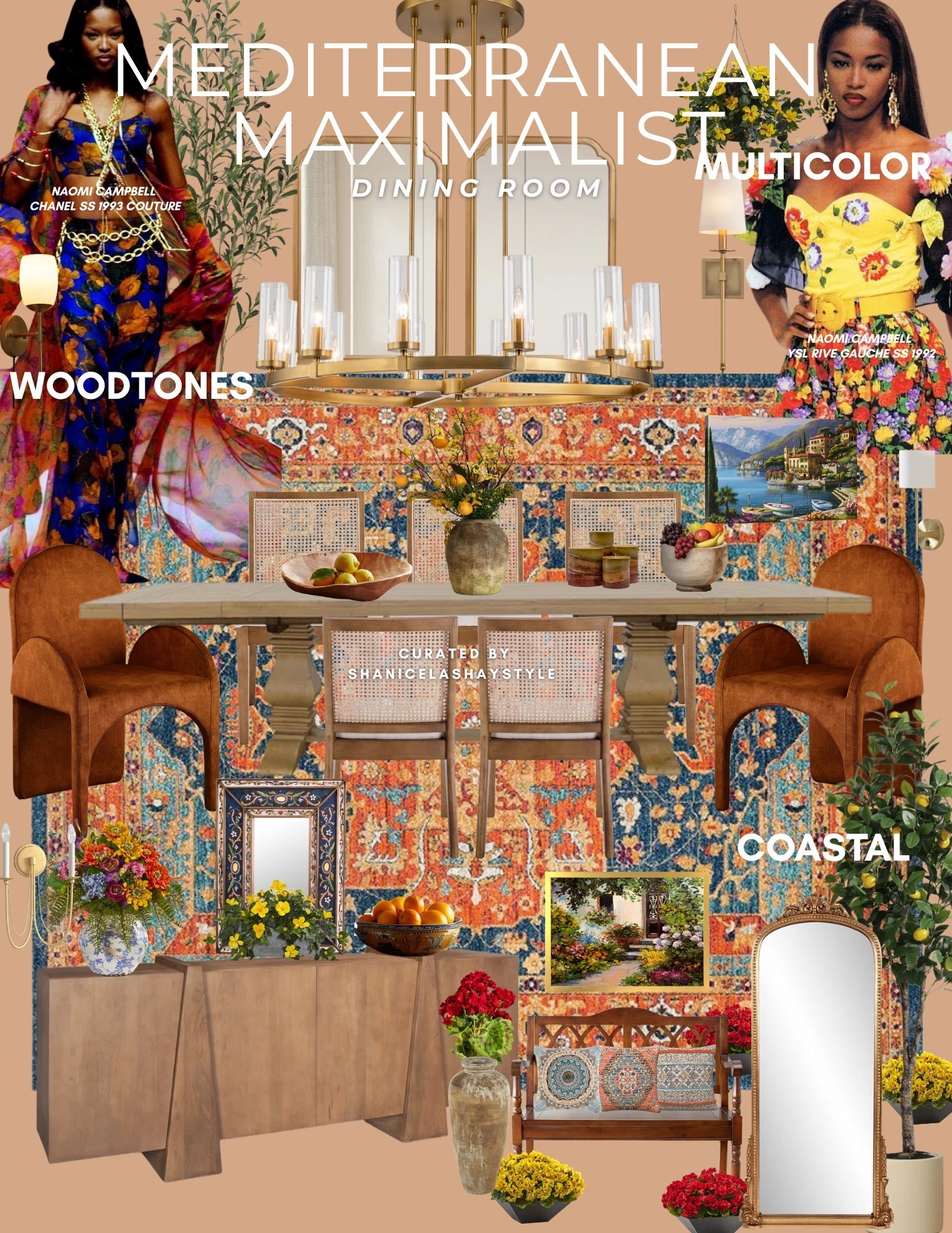 Runway meets Riviera in this couture-inspired dining room. ☀️✨
This mood board was inspired by Naomi Campbell’s iconic looks from Chanel Spring ‘93 Couture and YSL Rive Gauche S/S ‘92. I pulled from Mediterranean influences—think rich woods, bold colors, heirloom textures, and sun-drenched layers—to reimagine the fashion into a curated, collected dining space.

Part of my Fashion to Home series, this one’s for the style-forward tastemakers who see home as art and fashion as a feeling. Tap to shop the pieces that bring this elevated, coastal vision to life.

#fashiontohome #mediterraneandecor #interiormoodboard #naomicampbellstyle #elevatedecor #colorfulhome #diningroomdesign #couturemeetscoastal


#LTKHome #LTKStyleTip