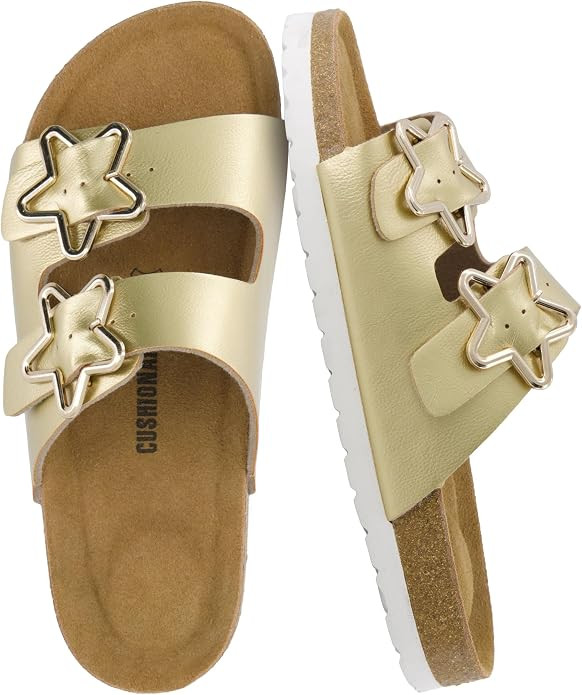 CUSHIONAIRE Lily Girl Toddler Sandals with Adjustable Gold Tone Star Buckles and Cushioned Cork F... | Amazon (US)