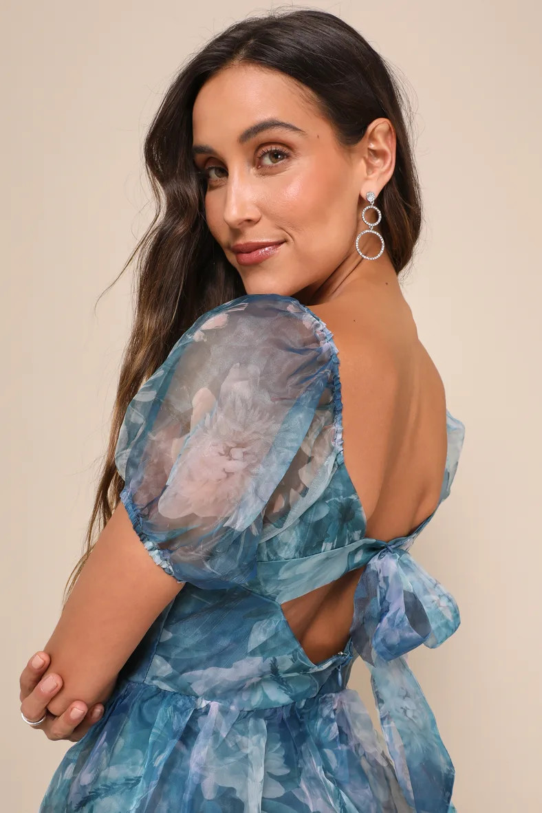 Lovely Statement Teal Blue Floral Organza Tie-Back Midi Dress | Lulus