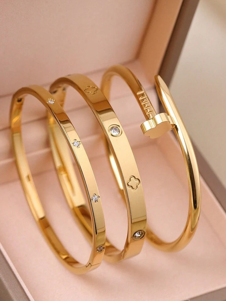 3pcs Fashion 18K Gold Plated Stainless Steel Four-Leaf Clover Nail Bracelet, Suitable For Women's Party, Daily Wear, European And American Style, Personalized, Generous, Luxury Cubic Zirconia Wristband, Wedding Jewelry Set, Gift For Girls, Women, Relatives, Friends, Beautiful Wedding, Birthday, Valentine's Day, Mom, Mother, Mother's Day, Gift | SHEIN