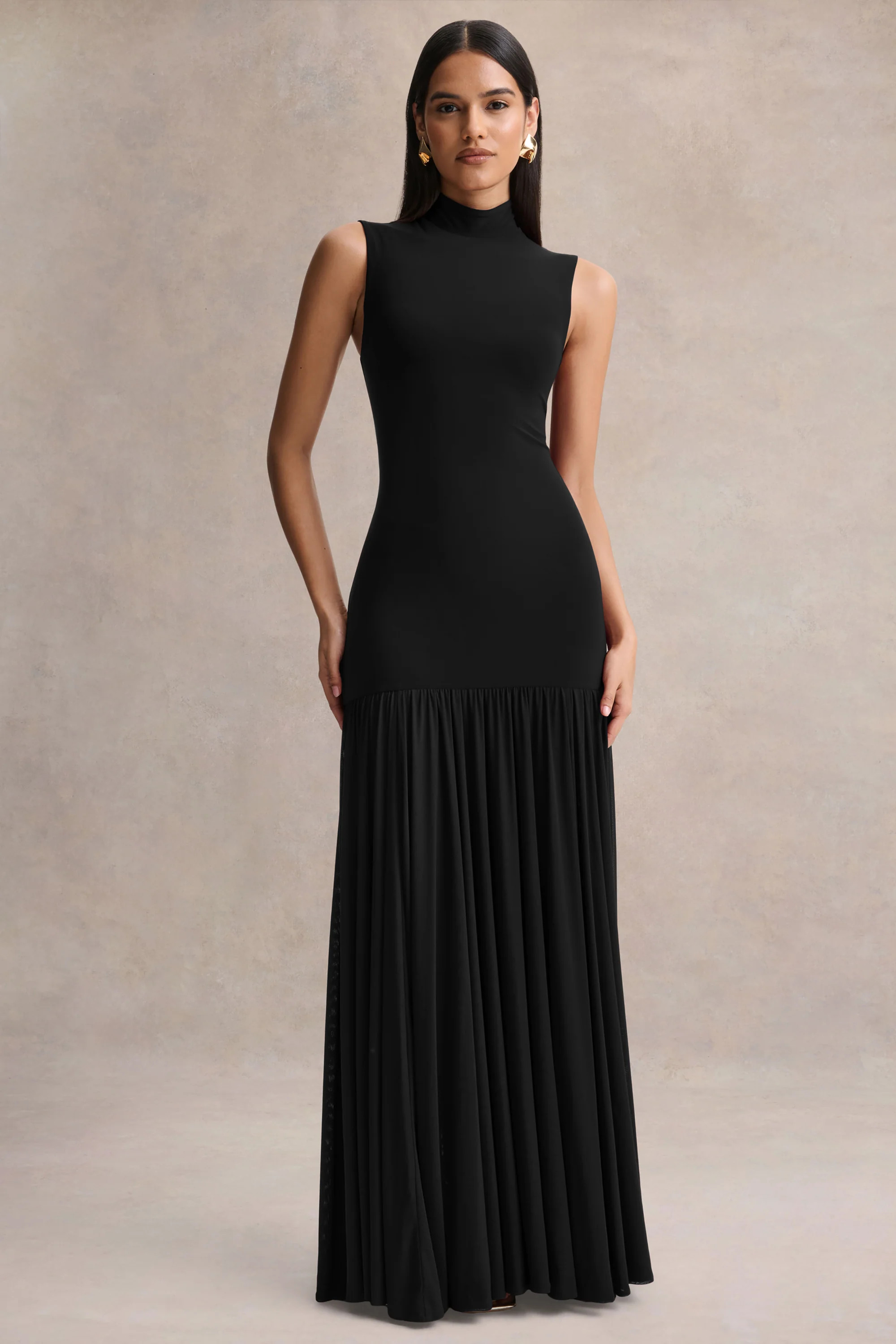 Gigi | Black High-Neck Maxi Dress With Drop-Waist And Sheer Skirt | Club L London