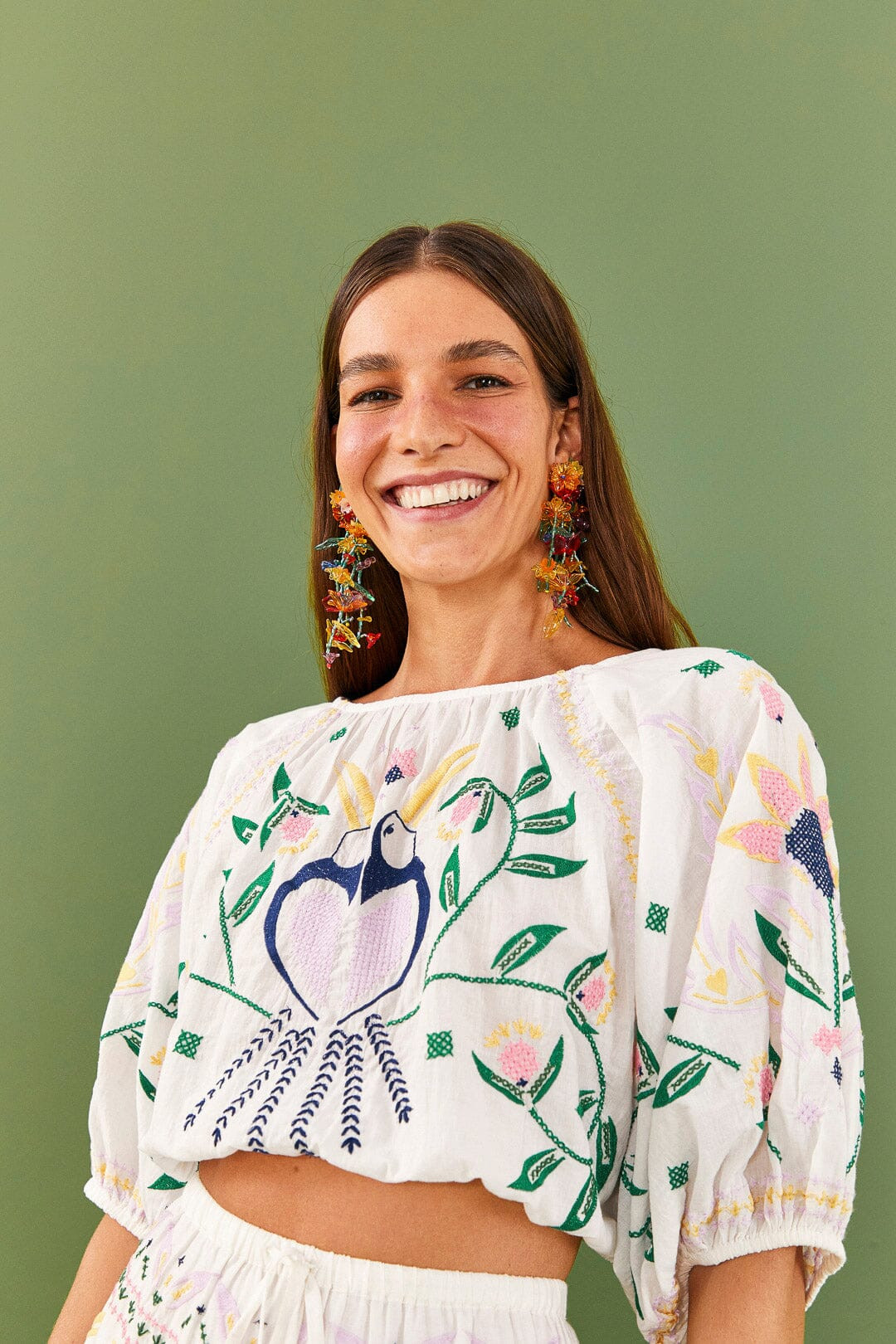 White Summer Garden Embroidered Crop Top | FarmRio (US)