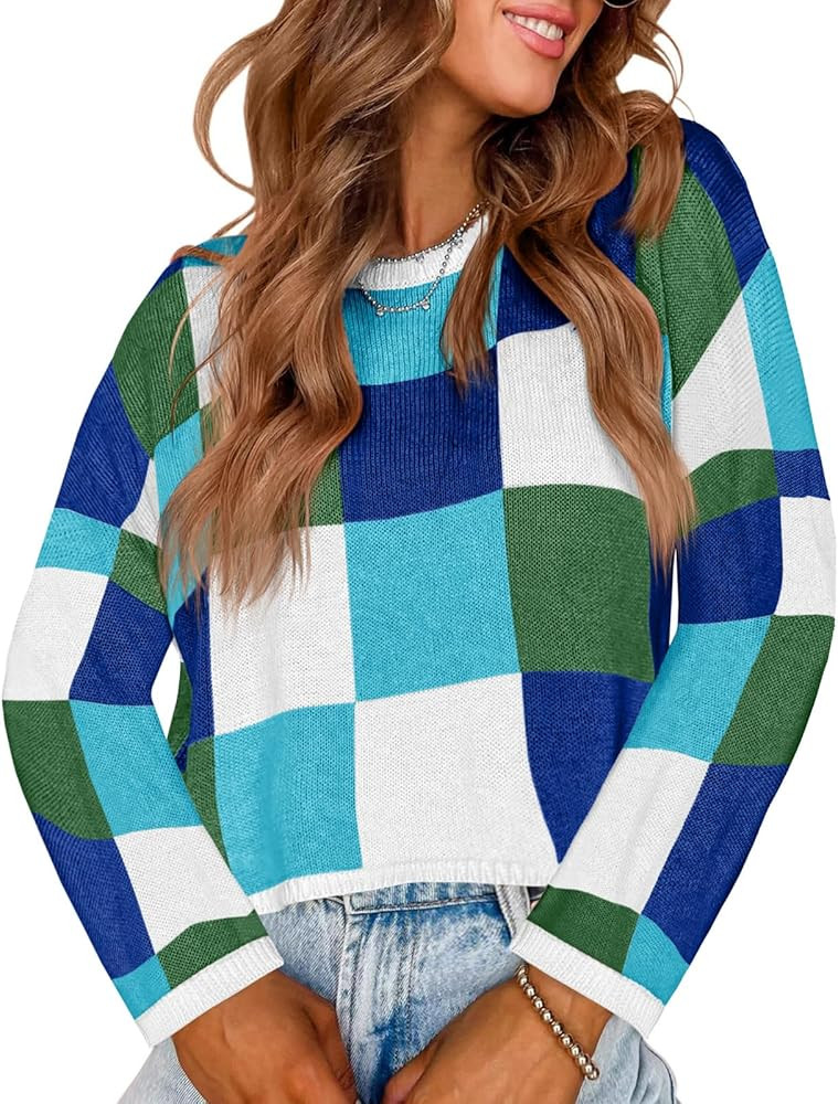 Saodimallsu Womens Cropped Sweater Checkered Color Block Fall Trendy Knit Crew Neck Long Sleeve O... | Amazon (US)