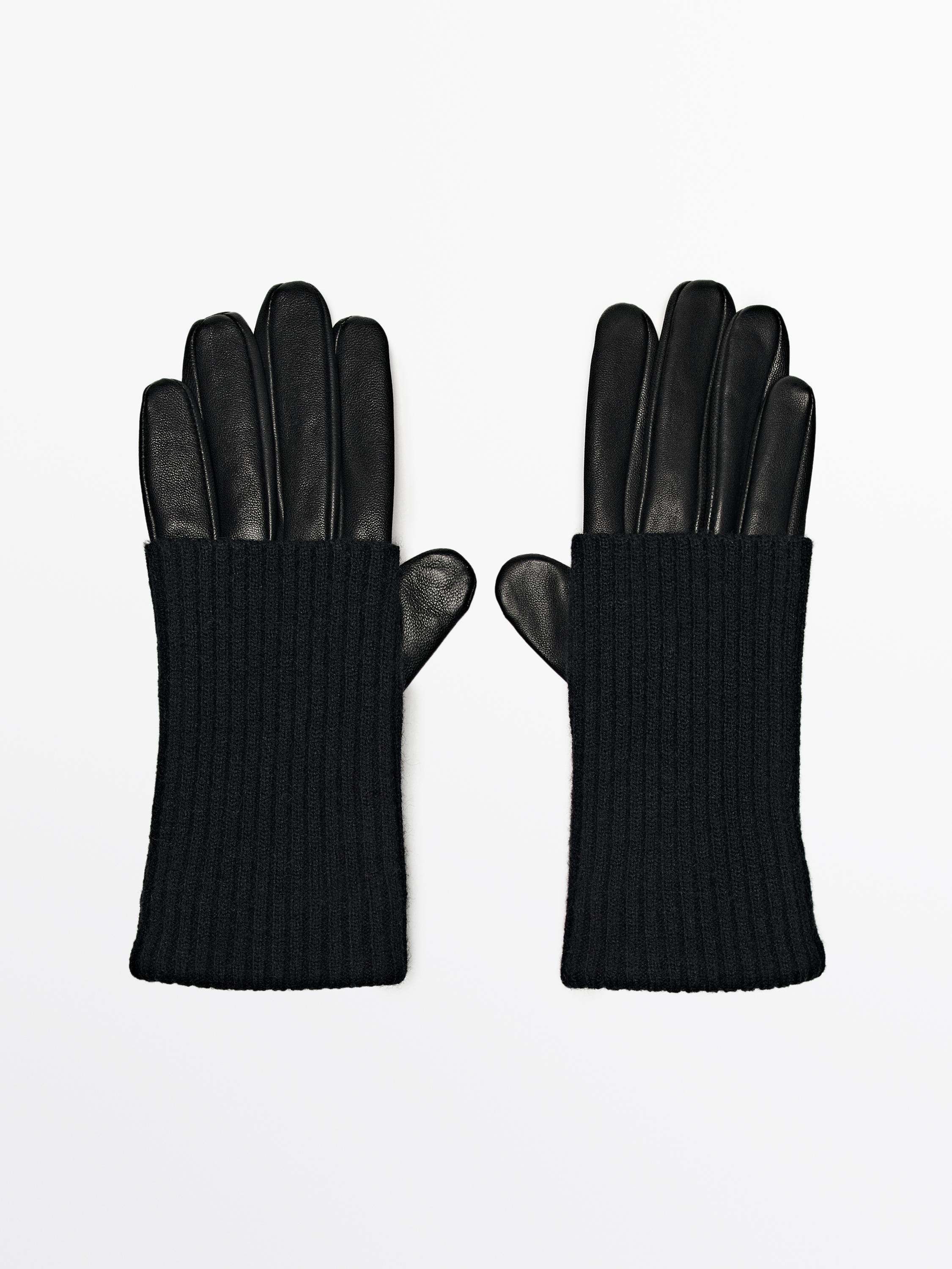 Contrast leather knit gloves | Massimo Dutti UK