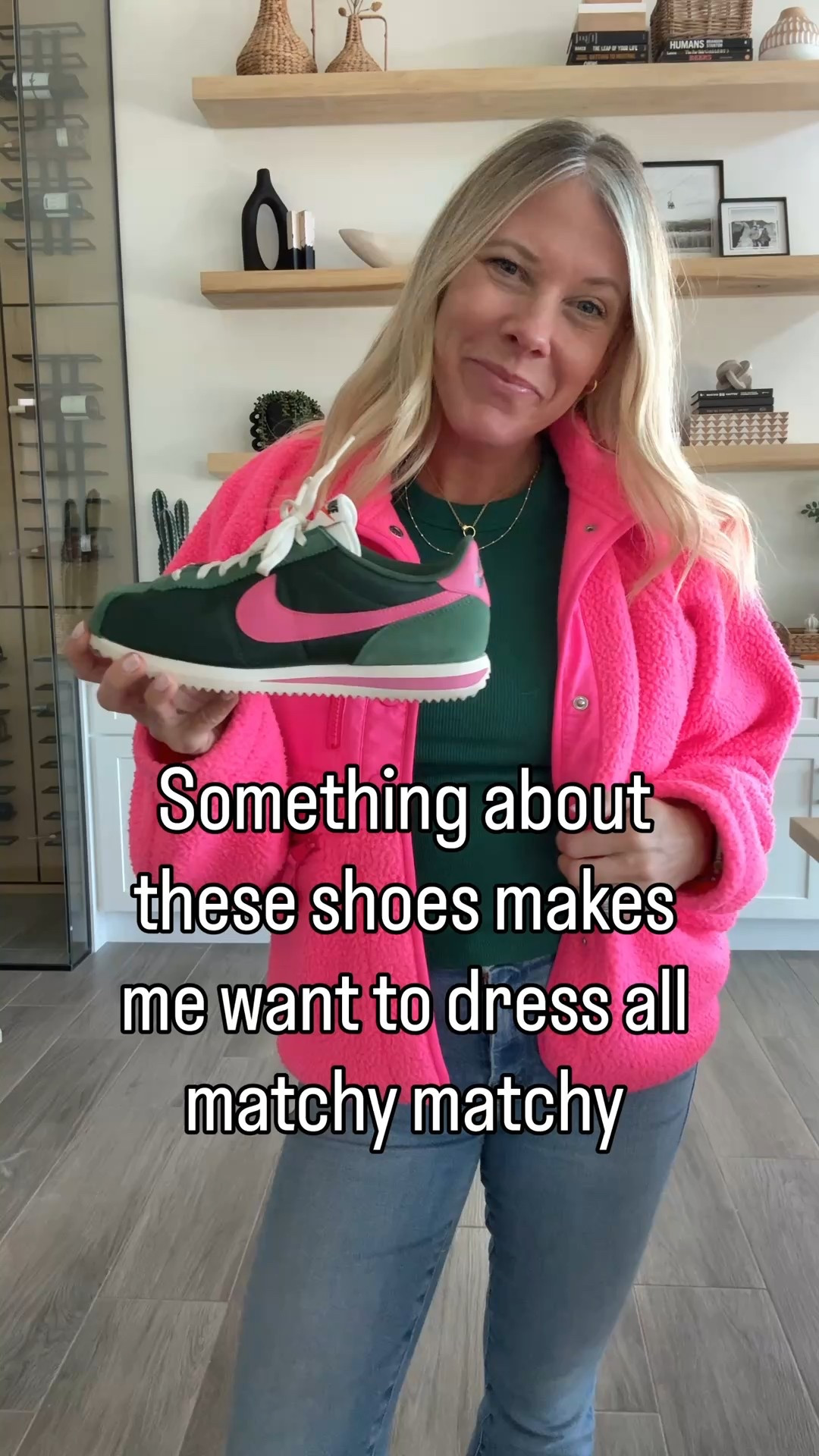Green and pink Nike Cortez I got my normal size 8. Small pink jacket, green ribbed tshirt, white vuori shirt, pink Alo skirt (pink sold out but still available in other colors). 25 jeans  

#LTKOver40 #LTKPetite #LTKootd