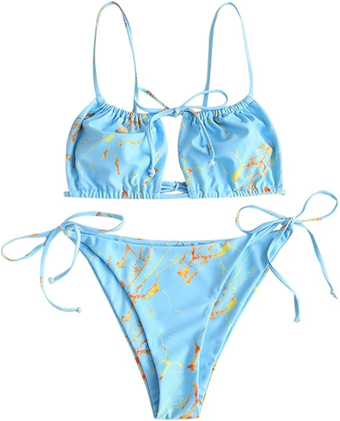 ZAFUL Women's Tie Cutout Keyhole Cami String Bikini Set Two Piece Swimsuit | Amazon (US)
