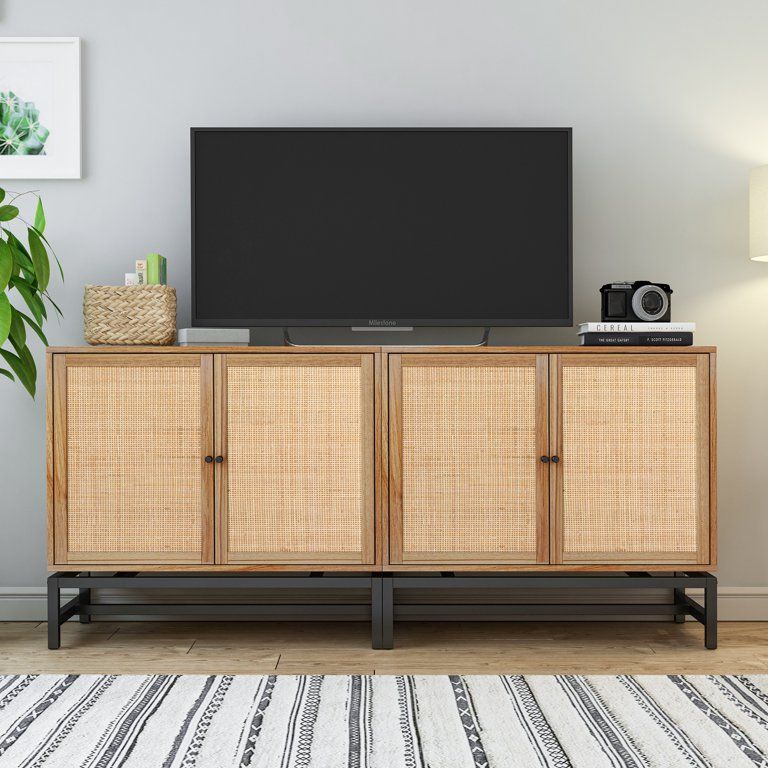 Set of 2 Accent Storage Cabinet with Natural Rattan Doors,TV Stand with 1 Adjustable Inner Shelve... | Walmart (US)