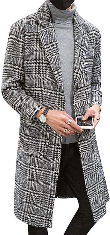 UANEO Men's Casual Notch Lapel Single Breasted Plaid Mid Long Trench Pea Coat | Amazon (US)