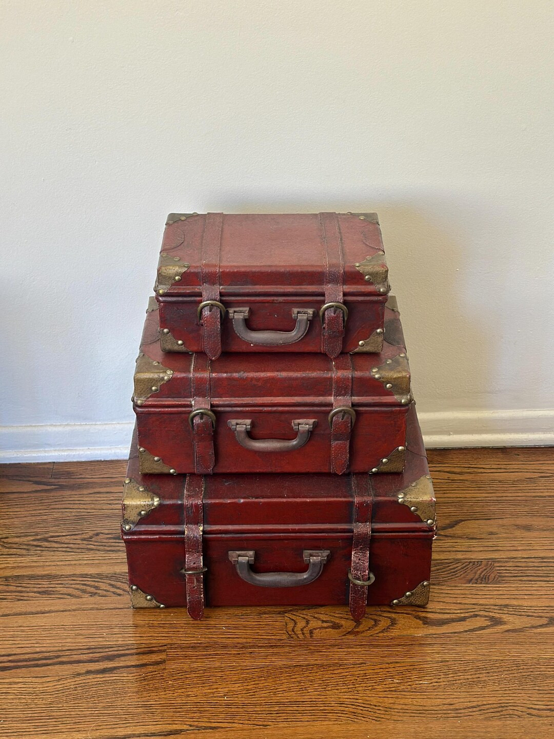 Vintage Decorative Trunk Set (set of 3) – Burgundy Faux Leather Stackable Storage Cases With Br... | Etsy (US)