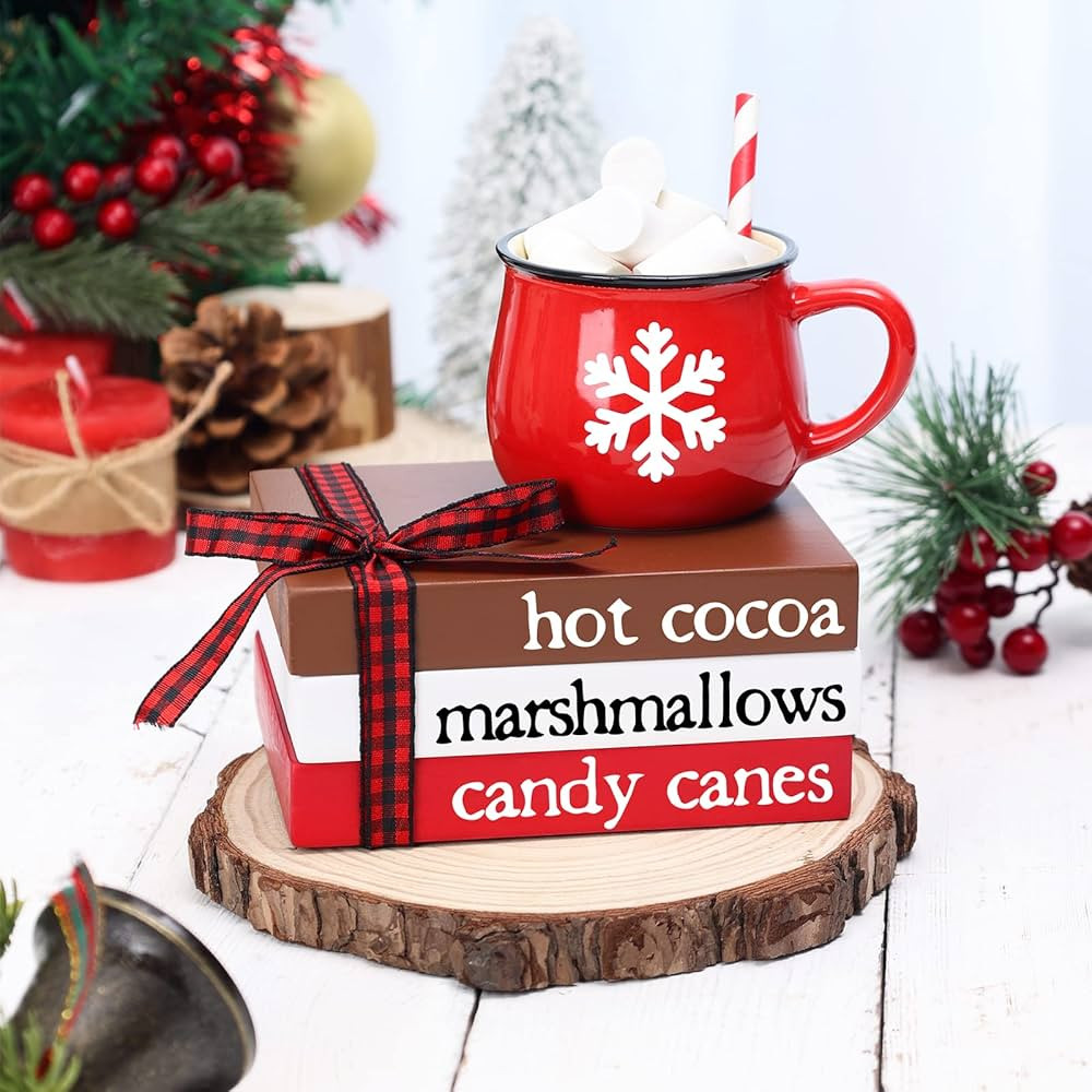 Hot Cocoa Tiered Tray Decor Christmas Wooden Decorative Books with Mug and Marshmallows Hot Cocoa Ba | Amazon (US)