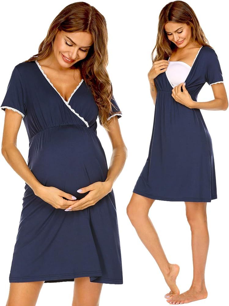Ekouaer Women 3 in 1 Delivery/Labor/Maternity/Nursing Nightgown Short Sleeve Pleated Breastfeedin... | Amazon (US)