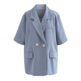 Short Sleeve Double-Breasted Blazer in Dusty Blue | Chicwish