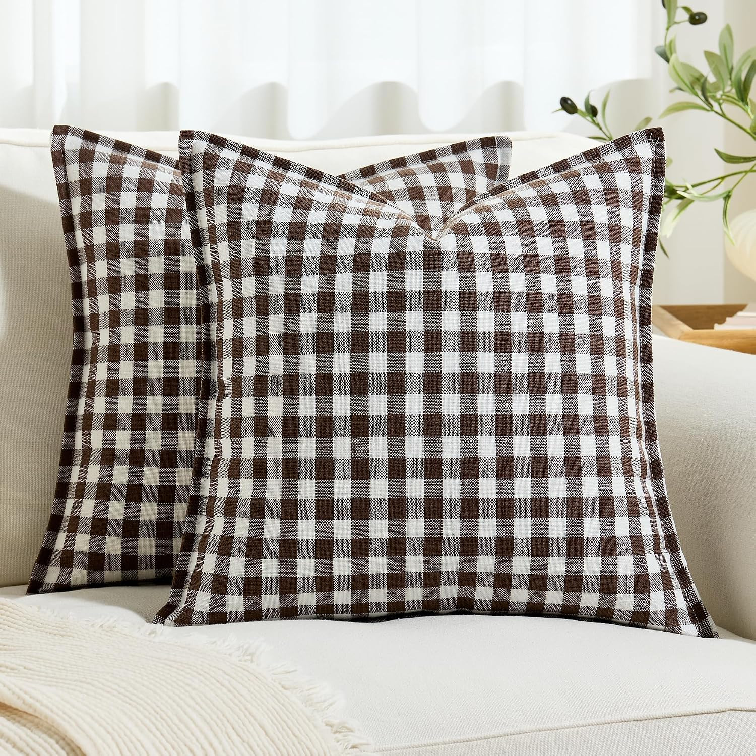 Farmhouse Gingham Throw Pillow Covers 22x22 Set of 2, Small Checkered Linen-Textured Cushion Covers with Flanged Edges, Decorative Outdoor Pillowcases for Couch Sofa Living Room,Coffee & White | Amazon (US)