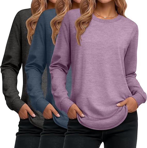 Ficerd 3 Pack Women's Long Sleeve Shirts, Cotton Crew Neck Tunic Tops Casual Loose Fit Pullover S... | Amazon (US)