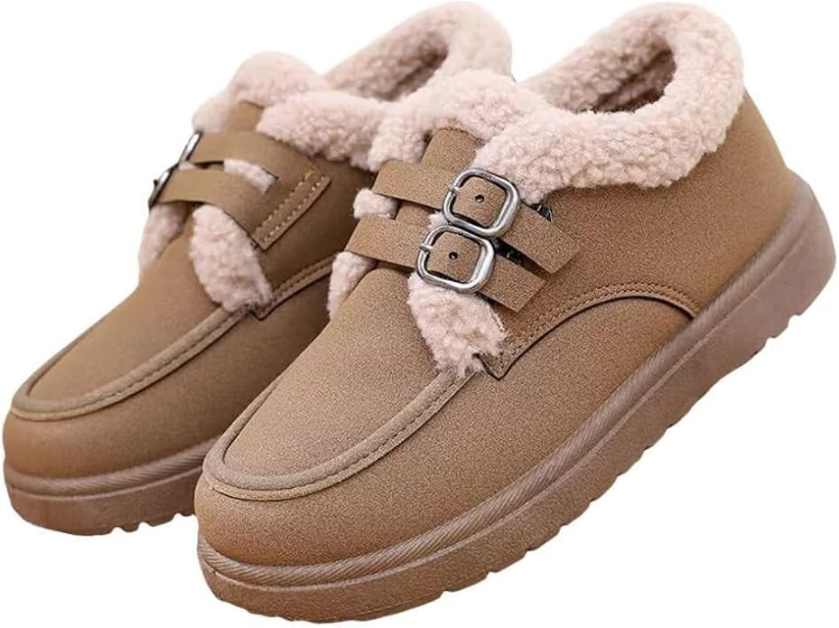 Women Fluffy Edges Double Buckle Ankle Boots Winter Suede Plush Flat Booties Comfortable Faux Fur... | Amazon (US)