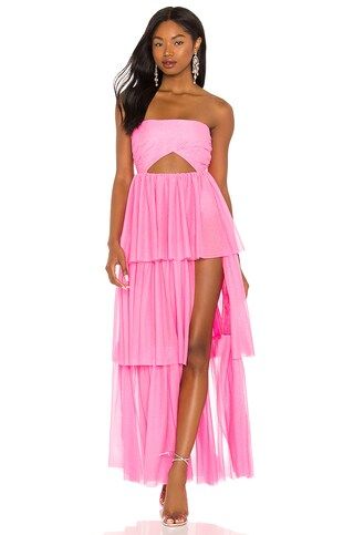 For Love & Lemons X REVOLVE Strapless Tiered Ruffle Gown in Pink from Revolve.com | Revolve Clothing (Global)