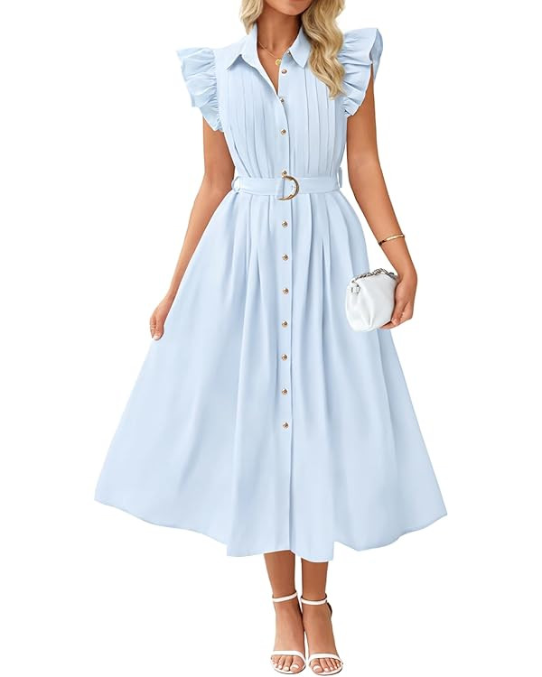 ZESICA Women's 2025 Summer Boho Button Midi Dresses Casual V Neck Flutter Sleeve Belted Long Dres... | Amazon (US)