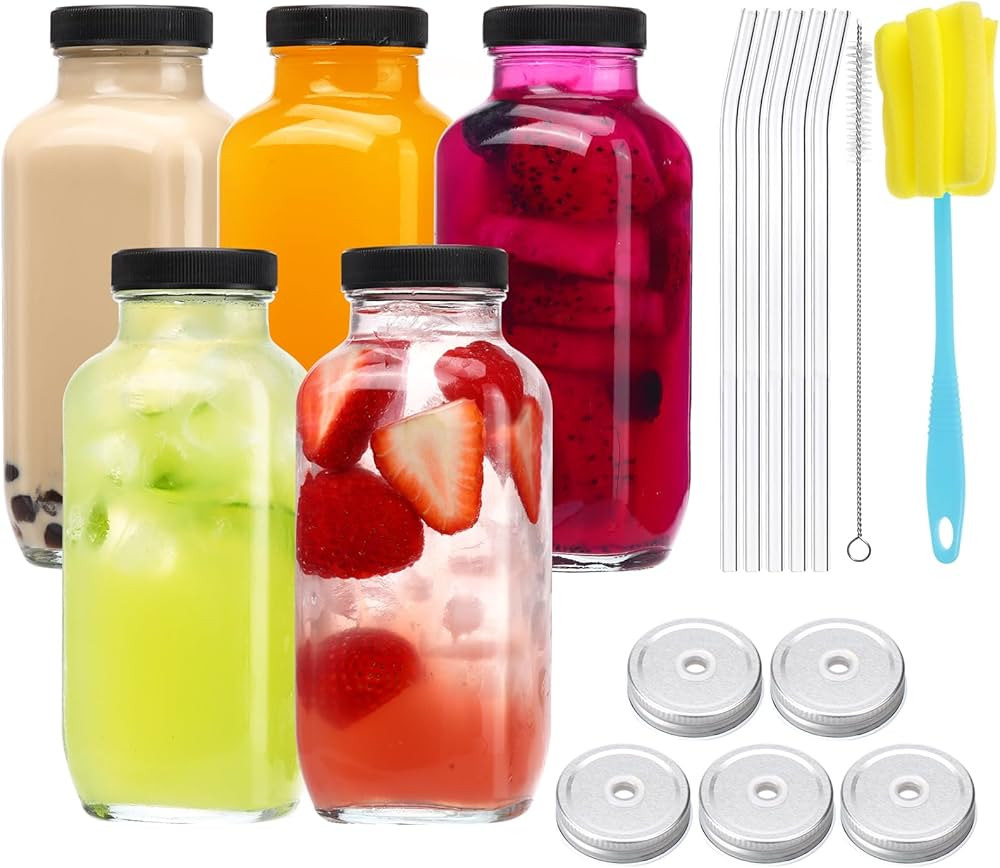 CUCUMI 5pcs 16oz Glass Juice Bottles with Lids, Reusable Juice Containers Drinking Jars Water Cup... | Amazon (US)
