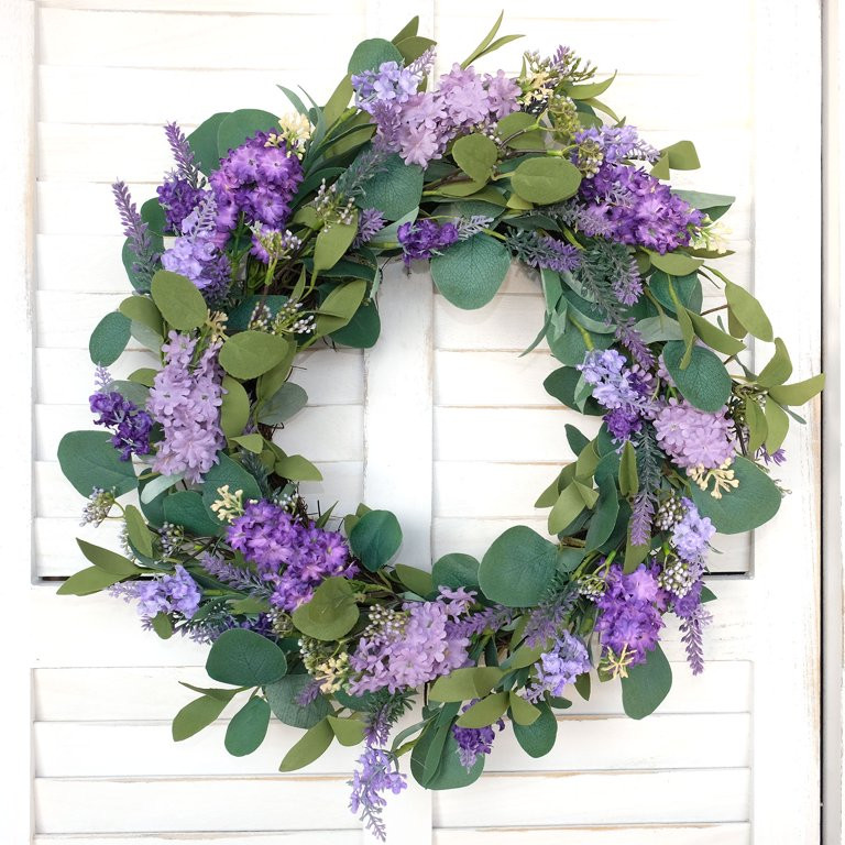 Idyllic 18 Inch Eucalyptus Leaves Purplr Flower Wreath For Everyday Front Door Decoration And Hom... | Walmart (US)