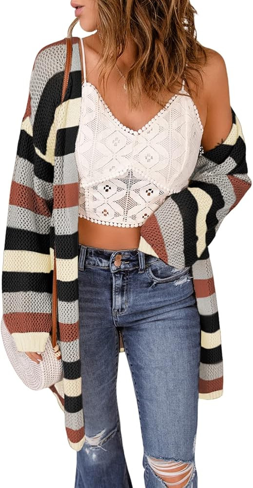 Dokotoo Women's Open Front Lightweight Cardigan Striped Color Block Long Sleeve Crochet Outwear | Amazon (US)