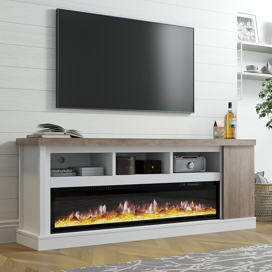 75” Fireplace TV Stand with 60” Electric Fireplace, Chunky Entertainment Center with Wood Gra... | Amazon (US)