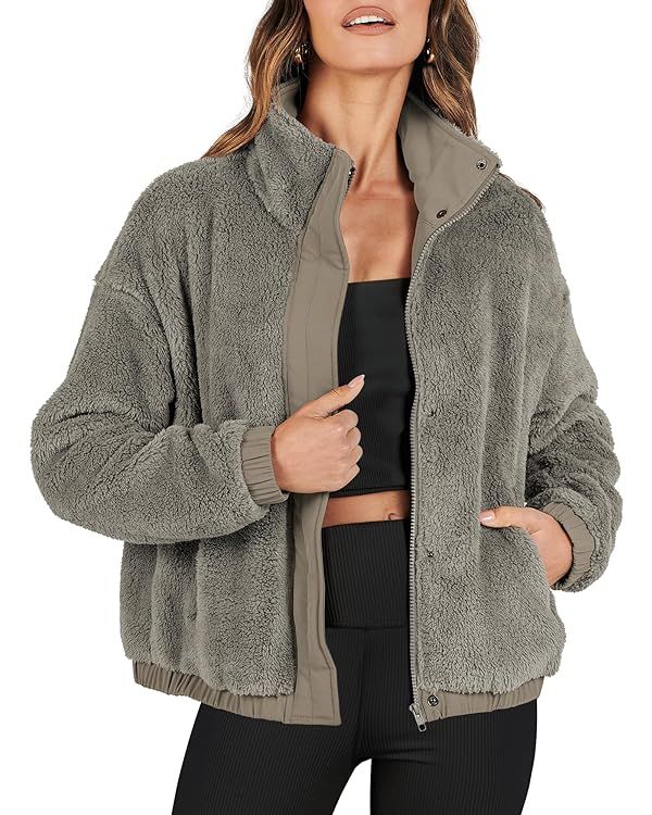 ANRABESS Women Sherpa Fleece Jackets Casual Long Sleeve Buttons Cropped Coat Winter Outwear | Amazon (US)