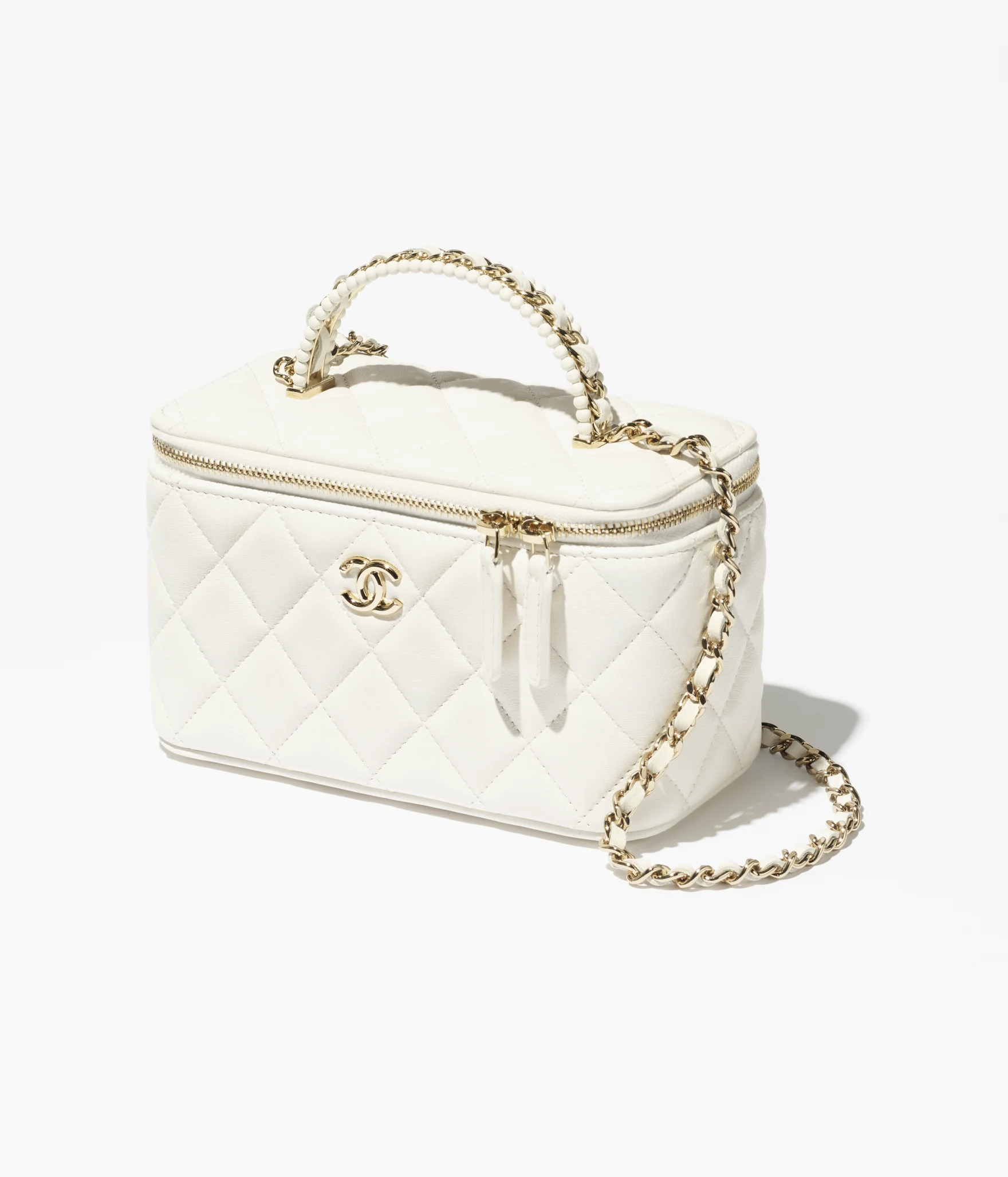 Vanity with chain - Lambskin, imitation pearls & gold-tone metal, white — Fashion | CHANEL | Chanel, Inc. (US)