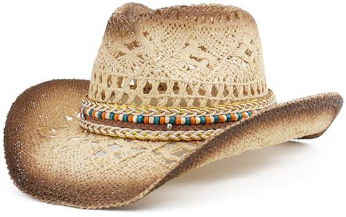 Straw Cowboy Hat for Women and Men with Shapeable Wide Brim Sun Beach Western Cowgirl Hat | Amazon (US)