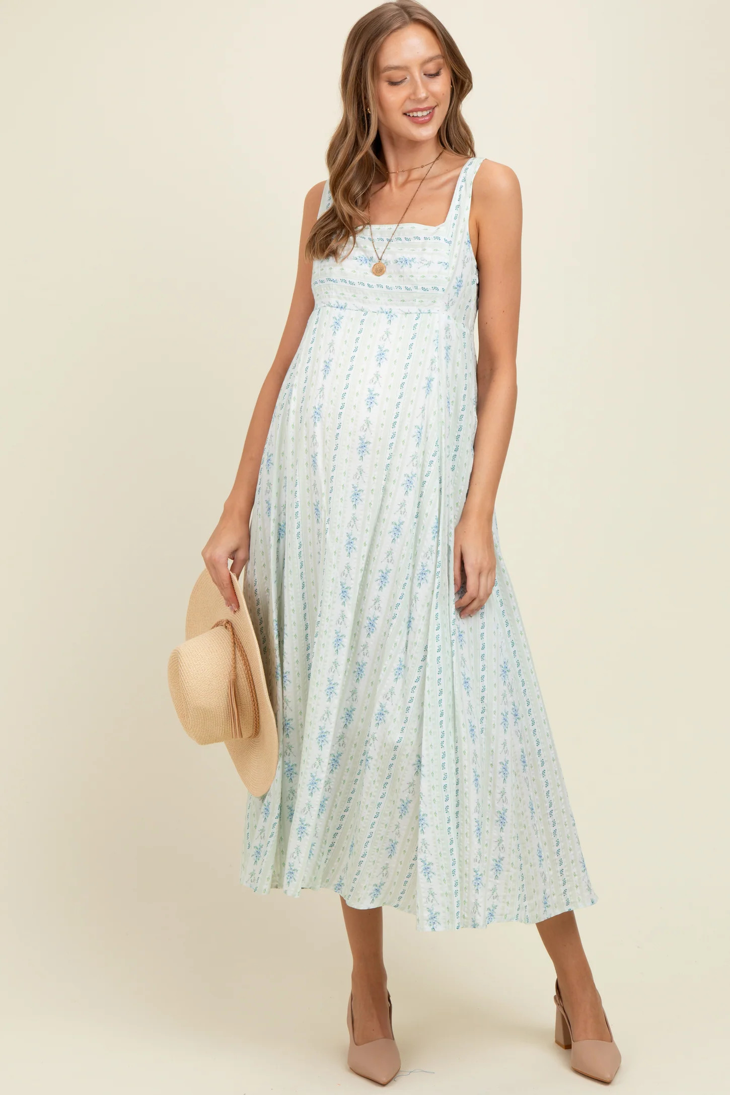 Light Blue Cotton Floral Square Neck Sleeveless Maternity Maxi Dress | PinkBlush Maternity