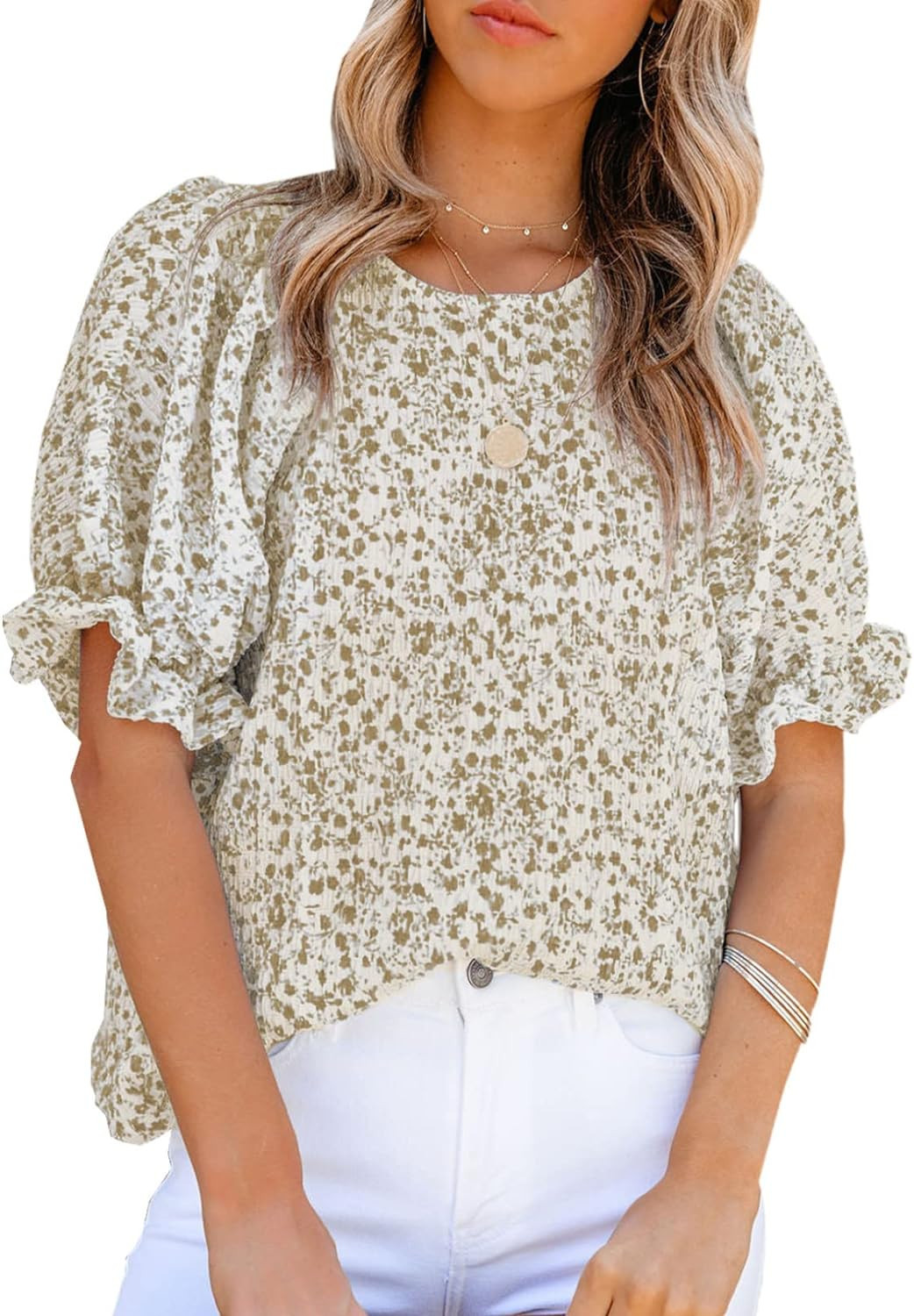 Dokotoo Floral Print Blouses for Women Crewneck Smocked Puff Sleeve Shirts Casual Babydoll Tops | Amazon (US)