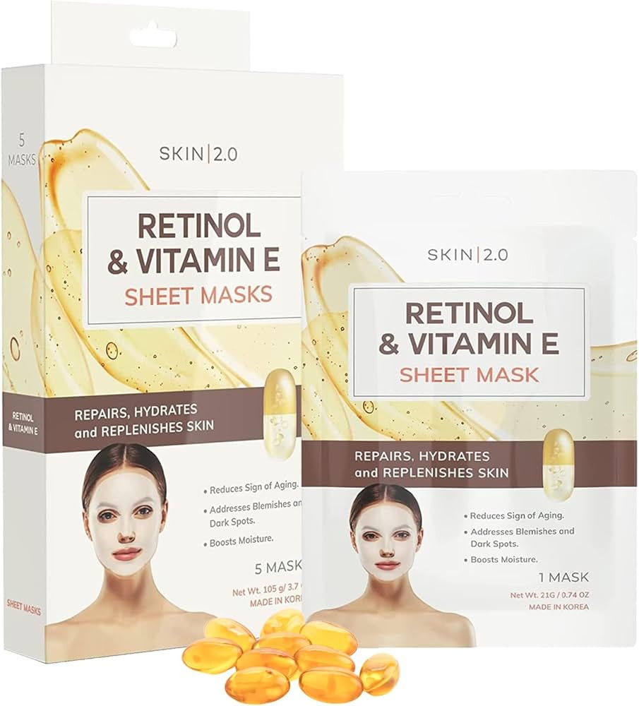 Retinol and Vitamin E Sheet Face Mask - Diminishes Blemishes, Acne Scars & Hyperpigmentation, Hyd... | Amazon (US)