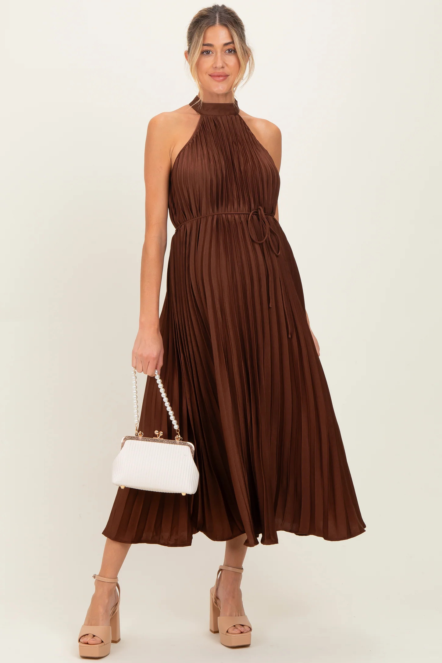 Brown Pleated Maternity Halter Dress | PinkBlush Maternity