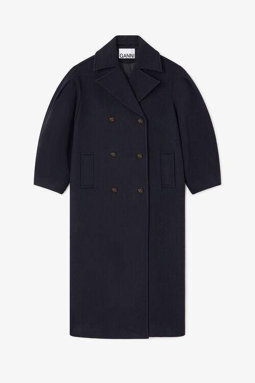 Dark Blue Wool Oversized Long Peacoat | Ganni